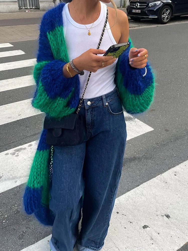 Manteau Long Tricoté Femme – Cardigan Rayé Épais à Manches Lanternes.