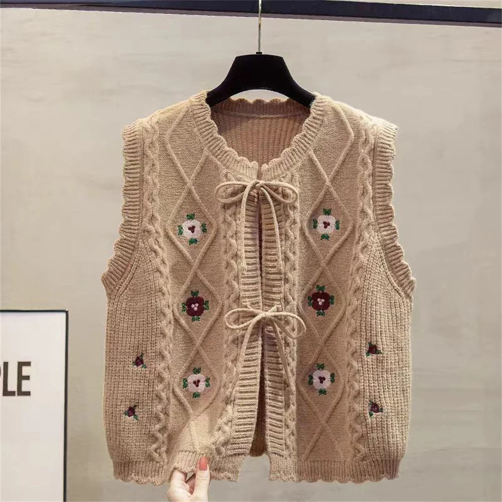 Gilet Femme Brodé Sans Manches – Tricot Loose Chic All-match Printemps Automne.