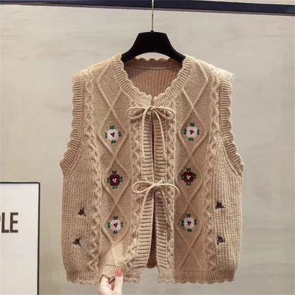 Gilet Femme Brodé Sans Manches – Tricot Loose Chic All-match Printemps Automne.