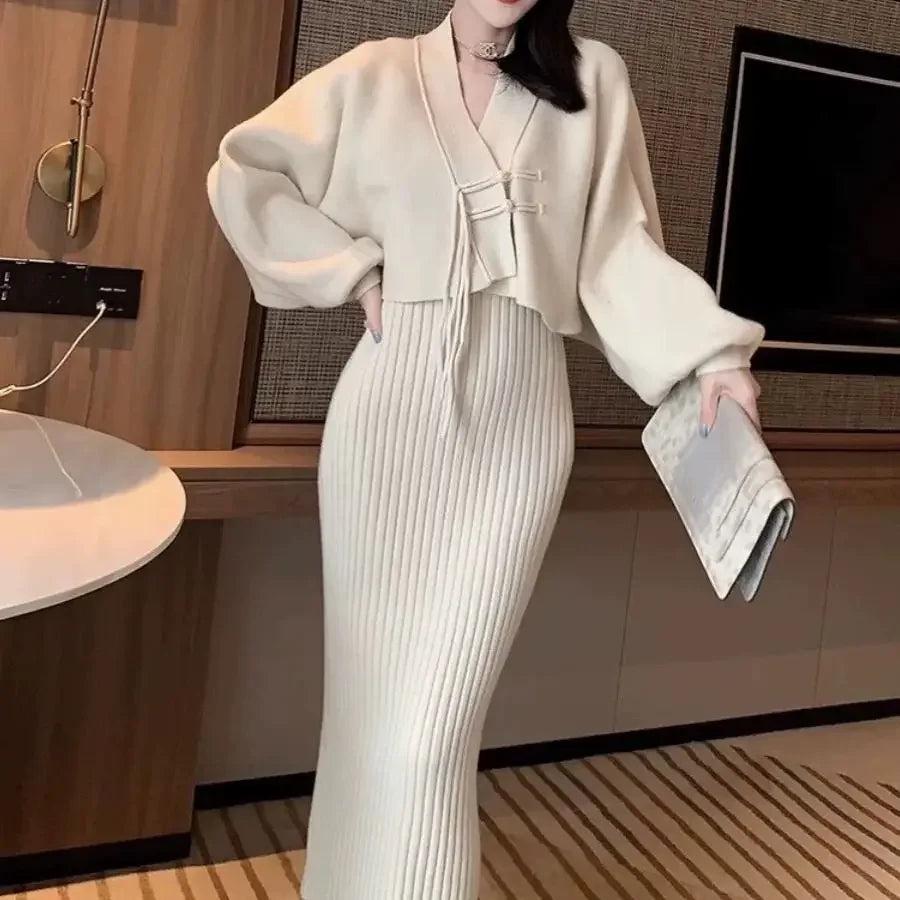 Ensemble Femme 2 Pièces – Cardigan Tricoté à Lacets & Robe Camisole, Style Chinois Moderne Élégant |