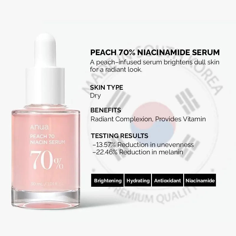 Anua Peach 70 – Coffret 3 Pièces Essence Visage à la Niacinamide, Éclat & Hydratation – Soin Coréen 30ml