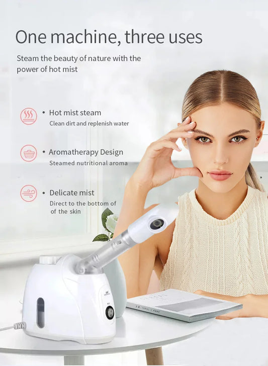 Appareil vapozone facial à vapeur chaude avec fonction ozone, conçu pour un nettoyage en profondeur et une hydratation optimale de la peau. Idéal pour un usage à domicile ou en institut, il aide à ouvrir les pores, purif