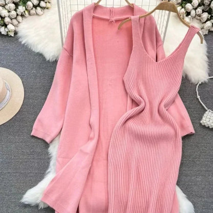 Ensemble robe pull et veste longue femme – style français printemps/automne 2024