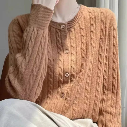 Cardigan Femme Blanc – Tricot Uni Col Rond Boutonné Manches Longues Automne Hiver 2025.