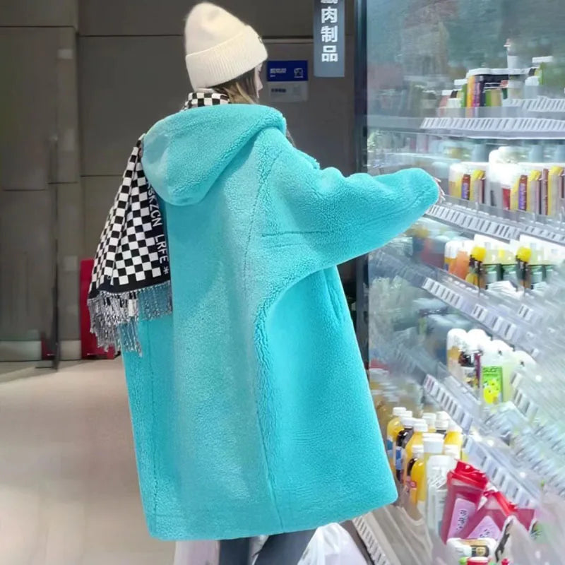 Manteau Femme Hiver 2024 – Veste Cocoon à Capuche en Laine d’Agneau Épaisse, Parka Chaude Shearling.