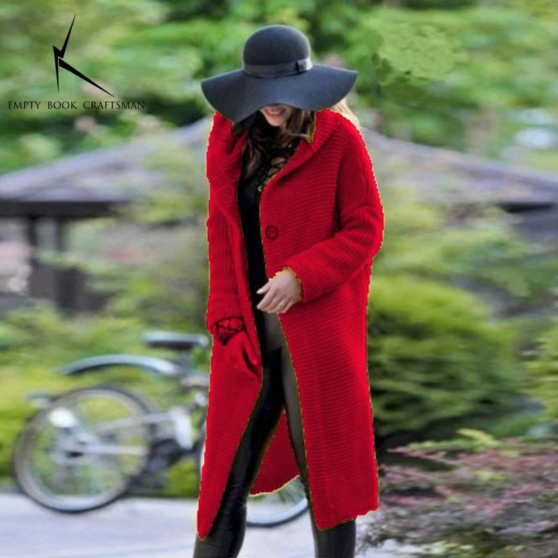Cardigan Long à Capuche Femme – Pull Tricoté Automne Hiver.