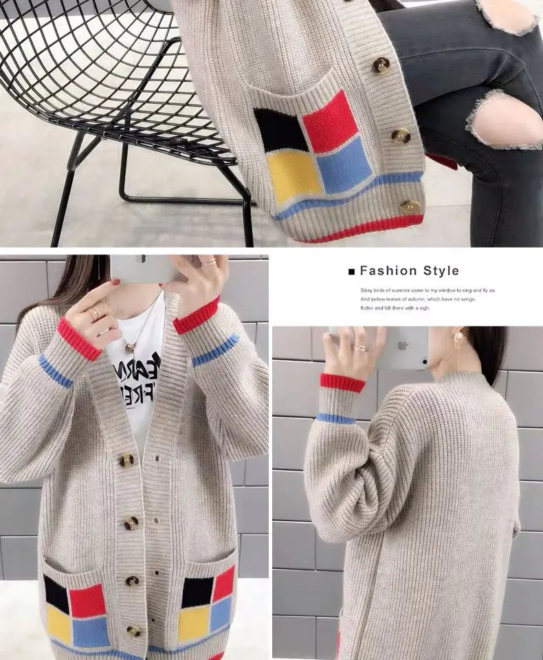 Cardigan Femme Mi-long – Manteau Tricoté Loose Style Coréen Printemps Automne.
