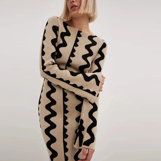 Robe Pull Longue Femme – Tricot Rayé Slim Bodycon Élégante pour l’Hiver | F-laglam.