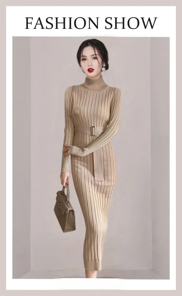 Robe Pull Longue Femme – Tricot Élastique Ajusté Style Coréen Élégant Automne Hiver.