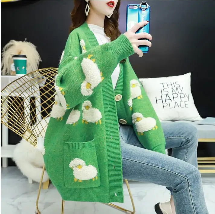 Cardigan Femme Loose – Tricot Cartoon avec Poches Mouton, Style Colorblock Automne Hiver.