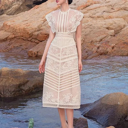 Robe midi femme à fleurs brodées – manches courtes, style vintage élégant