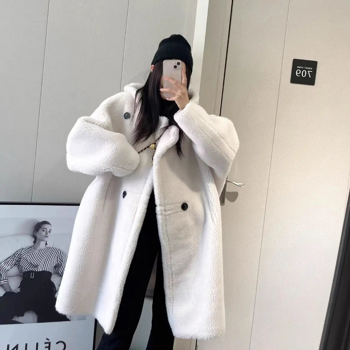 Manteau Femme Hiver 2024 – Veste Cocoon à Capuche en Laine d’Agneau Épaisse, Parka Chaude Shearling