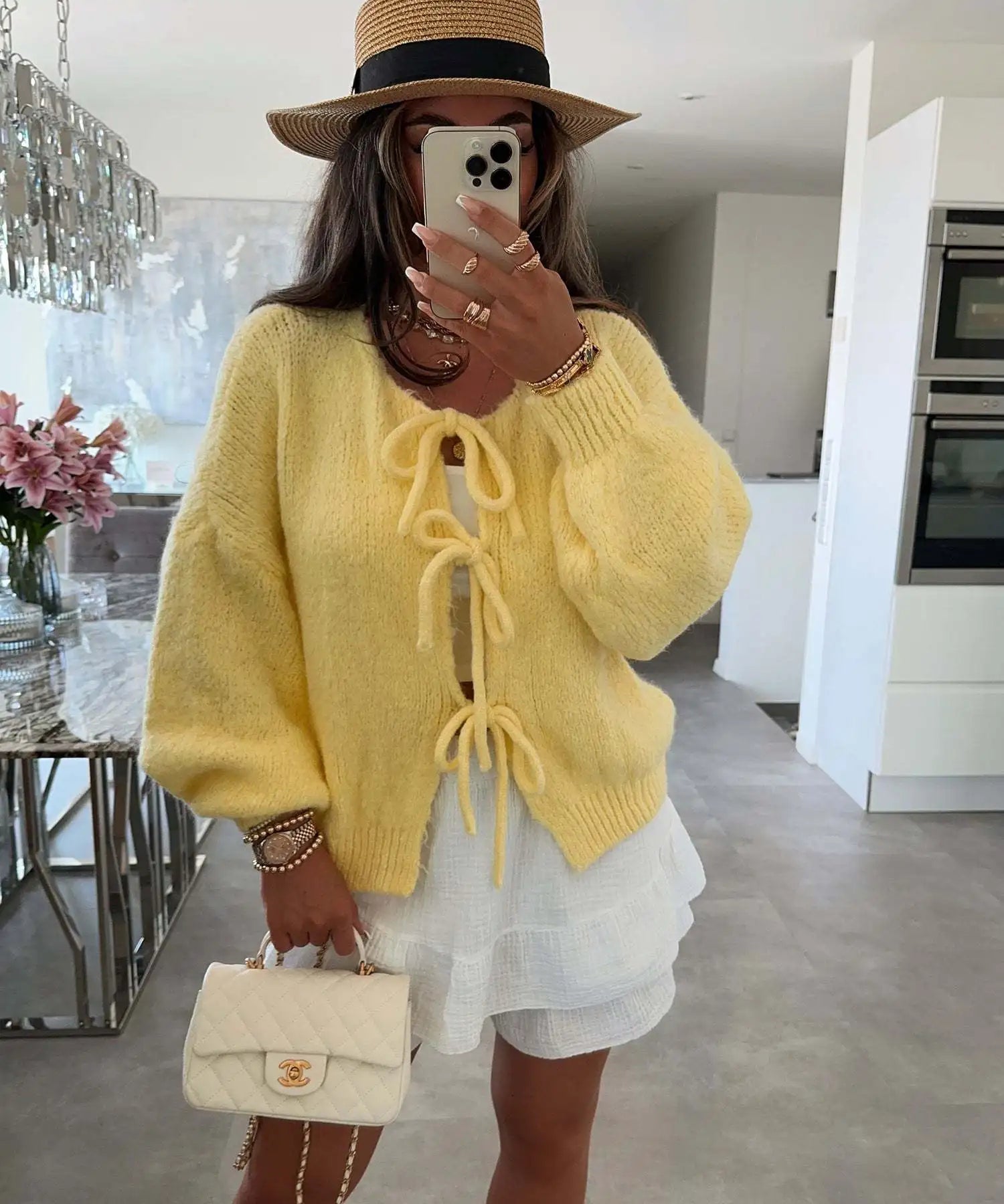 Cardigan Femme Élégant – Tricot Uni avec Lacet, Col Rond, Style Simple Chic |.