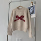 Pull Femme Gris avec Nœud – Col Rond Tricoté Doux Automne Hiver.