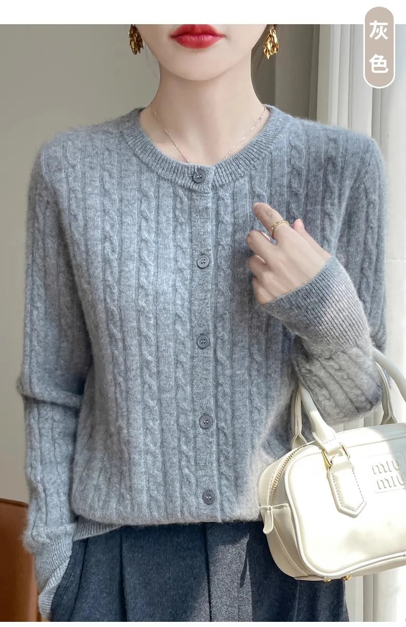 Cardigan Femme Blanc – Tricot Uni Col Rond Boutonné Manches Longues Automne Hiver 2025