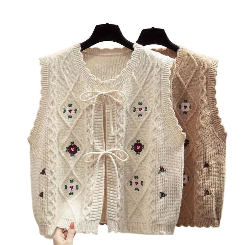 Gilet Femme Brodé Sans Manches – Tricot Loose Chic All-match Printemps Automne.