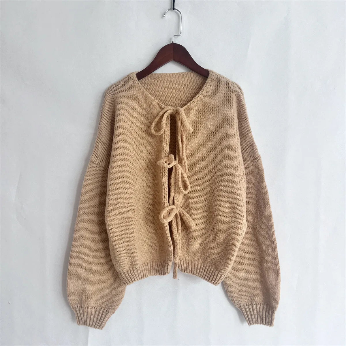 Cardigan Femme Élégant – Tricot Uni avec Lacet, Col Rond, Style Simple Chic |