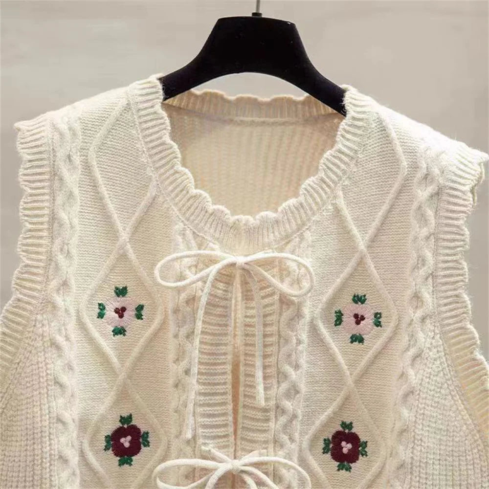 Gilet Femme Brodé Sans Manches – Tricot Loose Chic All-match Printemps Automne.