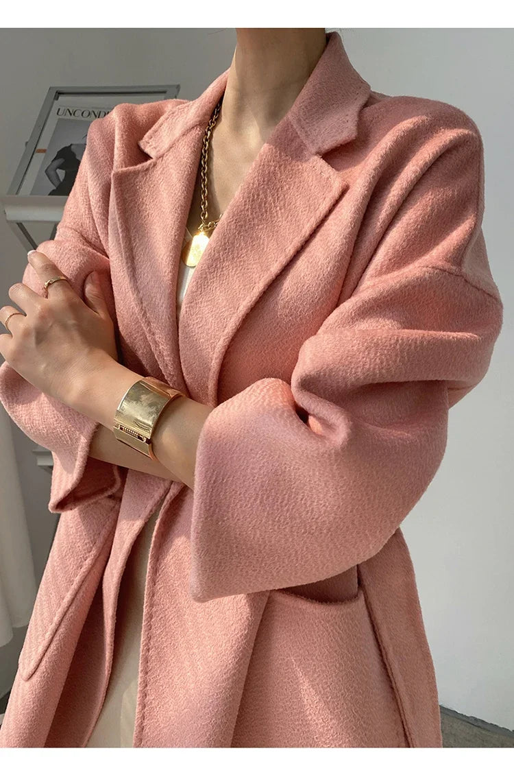 Manteau Court Femme Automne Hiver – Cachemire Double Face, Col Revers & Ceinture, Style Luxe Chic.
