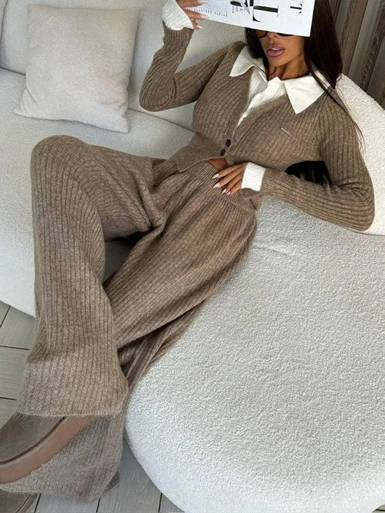 Ensemble Femme 2 Pièces – Haut Tricot Boutonné à Col Revers & Pantalon Loose, Style Décontracté Chic Automne | F-laglam.