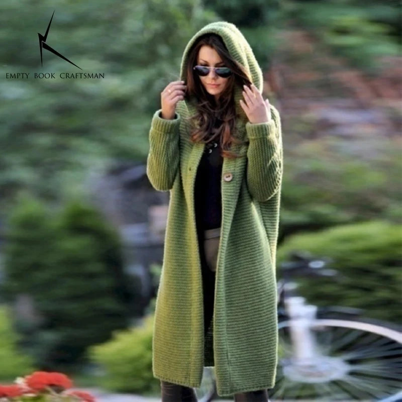 Cardigan Long à Capuche Femme – Pull Tricoté Automne Hiver.
