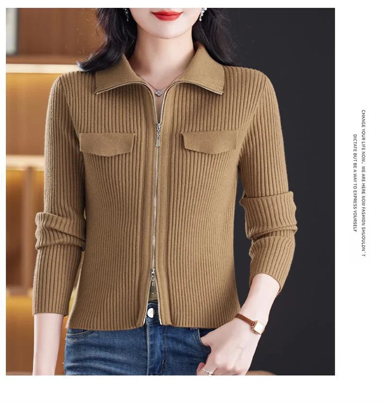 Cardigan Court Femme à Fermeture Zippée – Tricot Uni Col Revers Style Coréen Printemps Automne 2025.