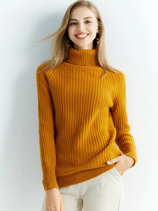 Pull Femme en Laine Mérinos 100 % – Col Roulé Tricoté Cachemire Automne Hiver.