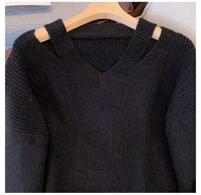 Pull Femme Loose Col V – Tricot Doux Uni Style Basique Automne.