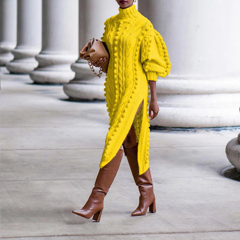 Robe Pull Femme Col Haut – Tricot Épais Fendu sur le Côté, Style Streetwear Élégant Automne Hiver.