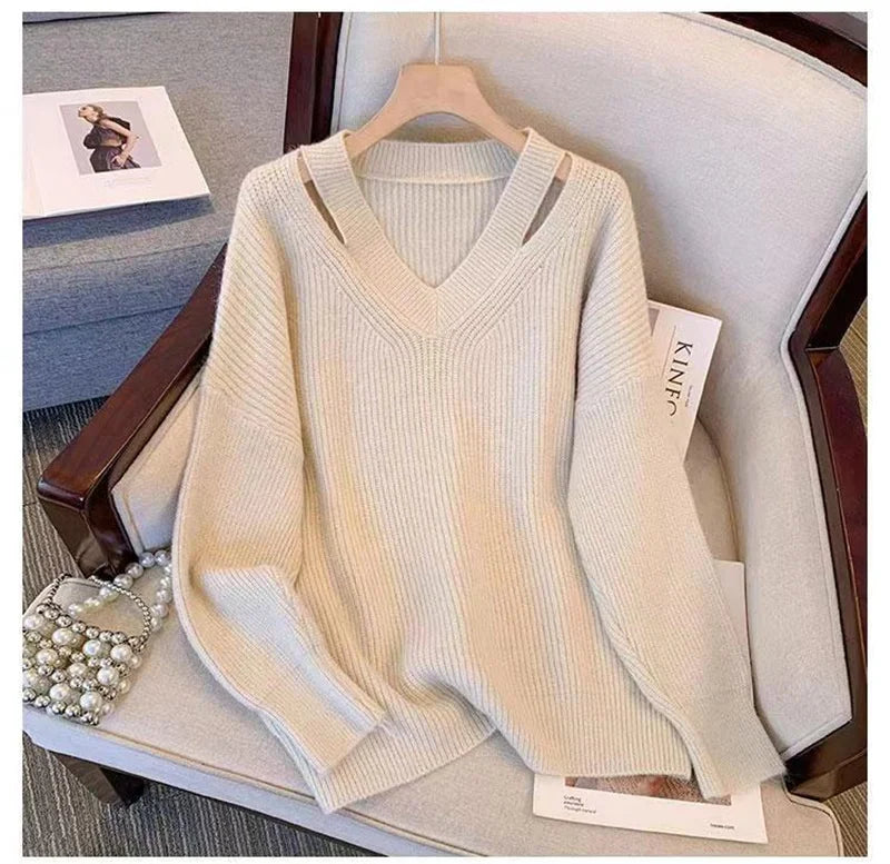 Pull Femme Loose Col V – Tricot Doux Uni Style Basique Automne.