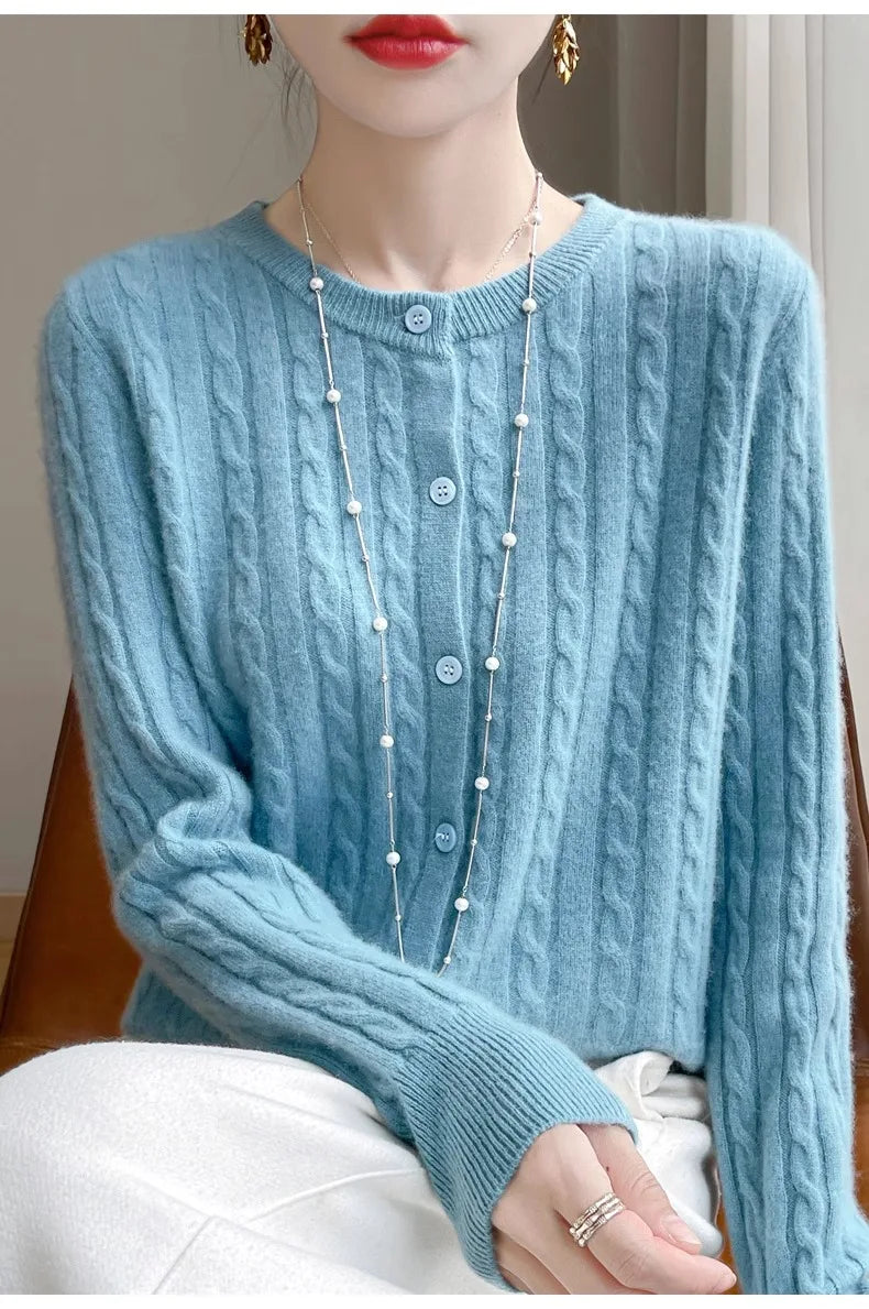 Cardigan Femme Blanc – Tricot Uni Col Rond Boutonné Manches Longues Automne Hiver 2025.