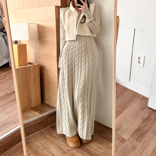 Robe pull longue femme hiver – maille torsadée chaude, coupe évasée élégante