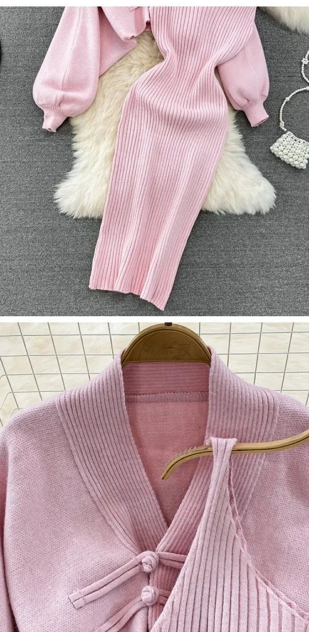 Ensemble Femme 2 Pièces – Cardigan Tricoté à Lacets & Robe Camisole, Style Chinois Moderne Élégant |