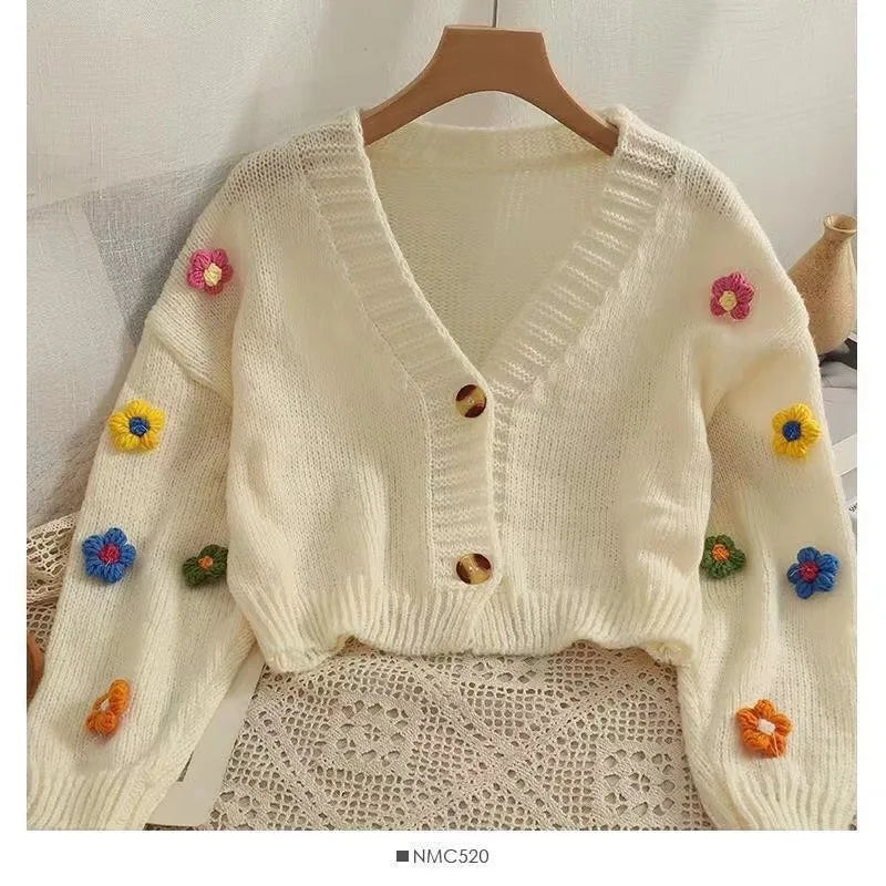 Cardigan Court Femme Brodé Fleurs – Tricot Doux Col V Coloré Automne.
