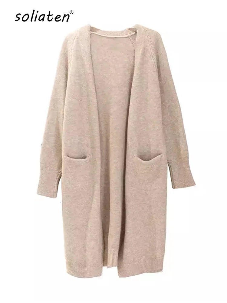Cardigan Femme Épais à Poches – Tricot Loose Col V Décontracté Printemps Automne.