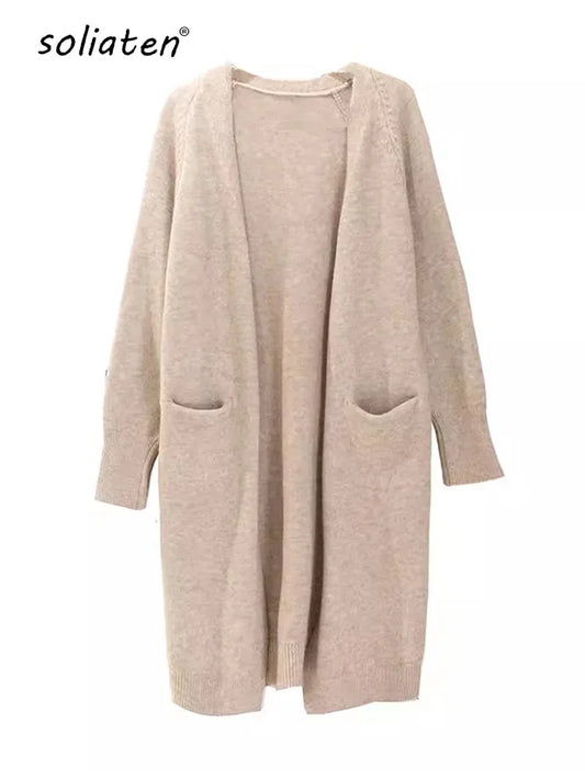 Cardigan Femme Épais à Poches – Tricot Loose Col V Décontracté Printemps Automne.