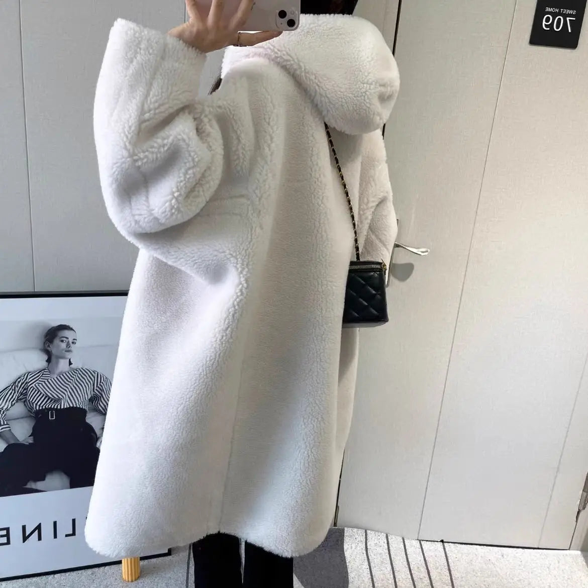 Manteau Femme Hiver 2024 – Veste Cocoon à Capuche en Laine d’Agneau Épaisse, Parka Chaude Shearling