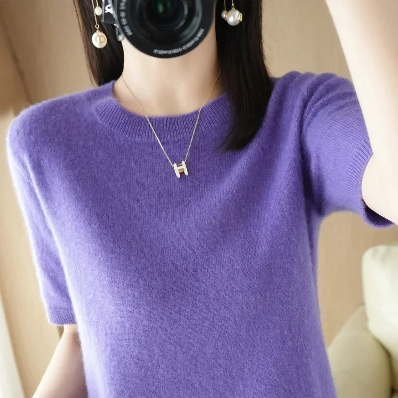 Pull Femme Slim à Manches Courtes – Tricot Col Rond Léger Printemps Été 2025 |