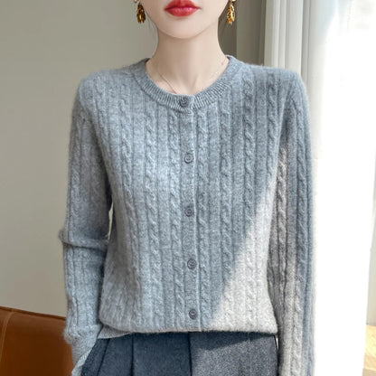 Cardigan Femme Blanc – Tricot Uni Col Rond Boutonné Manches Longues Automne Hiver 2025