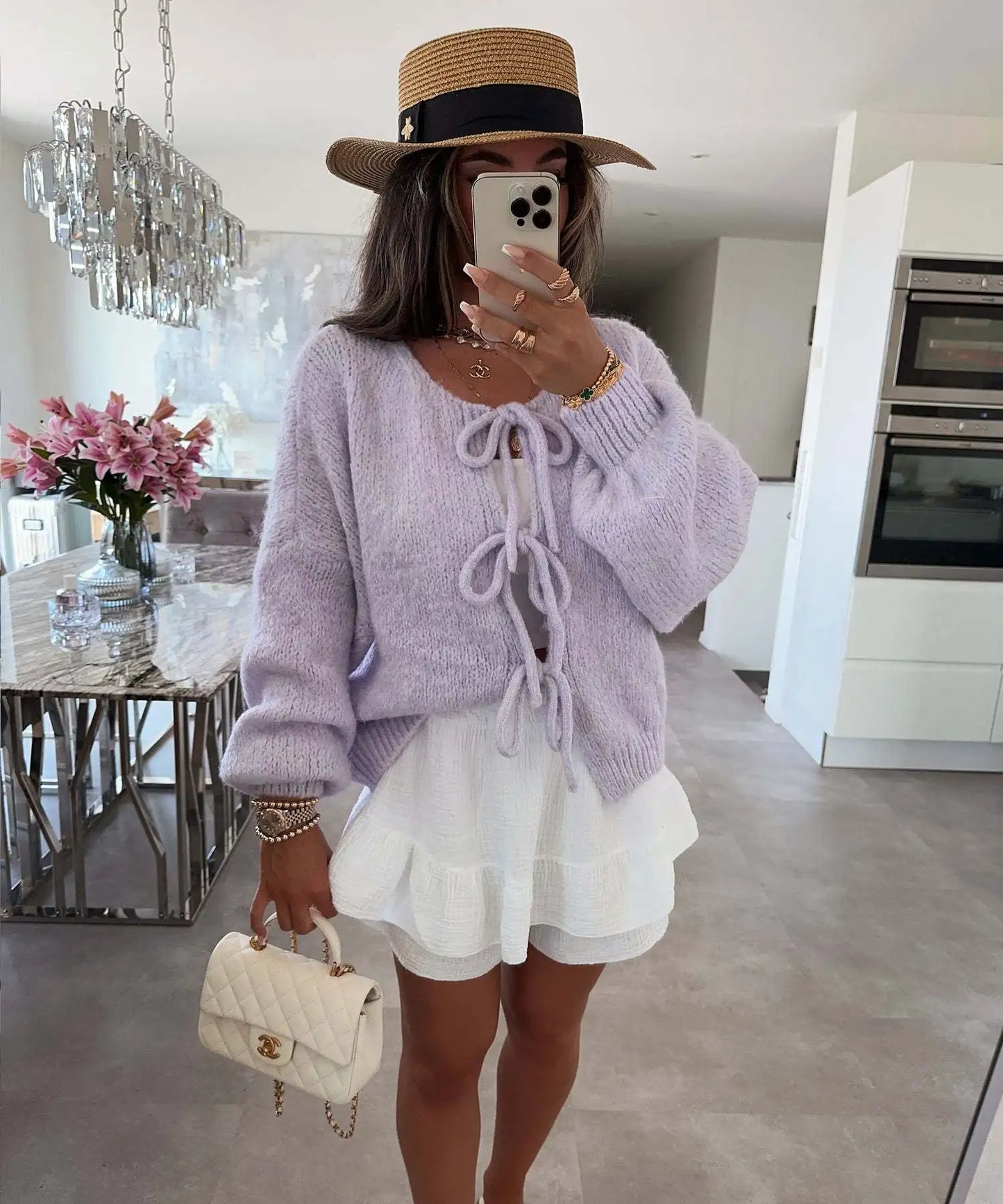 Cardigan Femme Élégant – Tricot Uni avec Lacet, Col Rond, Style Simple Chic |