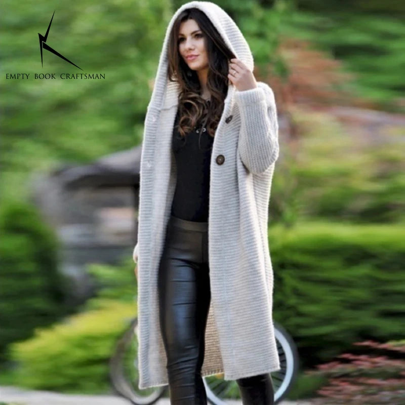 Cardigan Long à Capuche Femme – Pull Tricoté Automne Hiver.