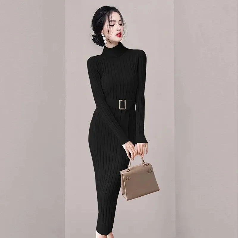 Robe Pull Longue Femme – Tricot Élastique Ajusté Style Coréen Élégant Automne Hiver