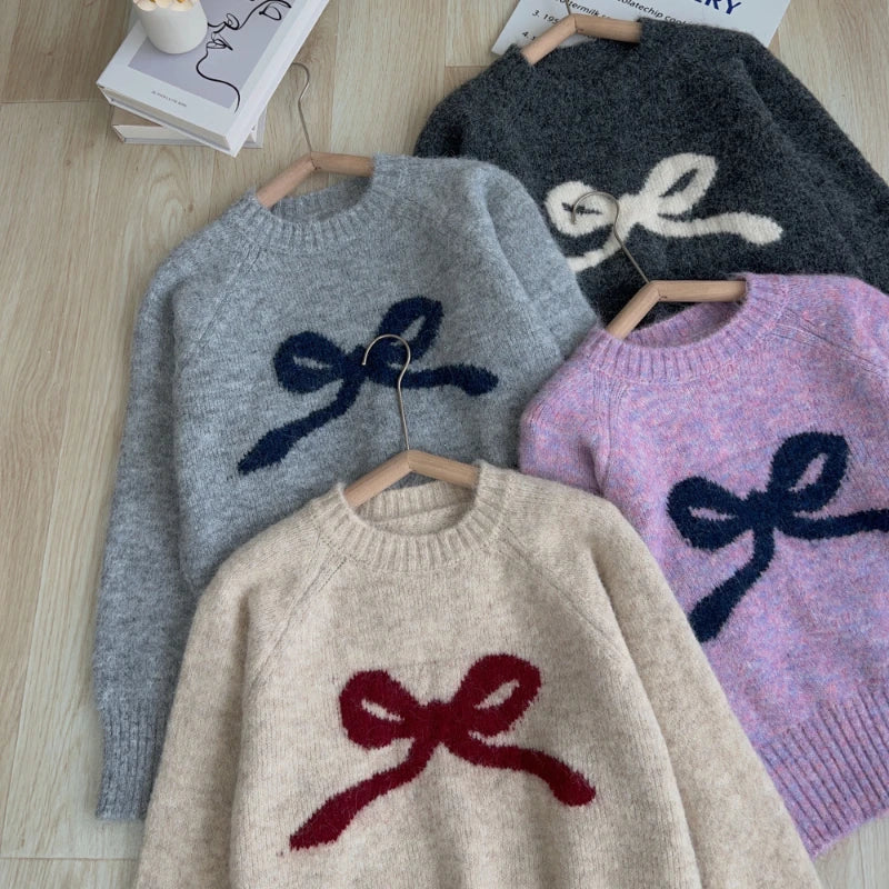 Pull Femme Gris avec Nœud – Col Rond Tricoté Doux Automne Hiver.