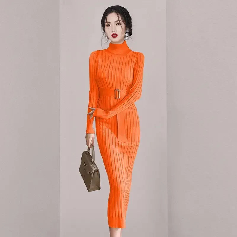 Robe Pull Longue Femme – Tricot Élastique Ajusté Style Coréen Élégant Automne Hiver.