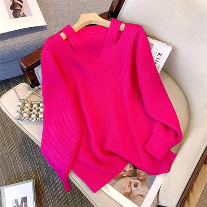 Pull Femme Loose Col V – Tricot Doux Uni Style Basique Automne