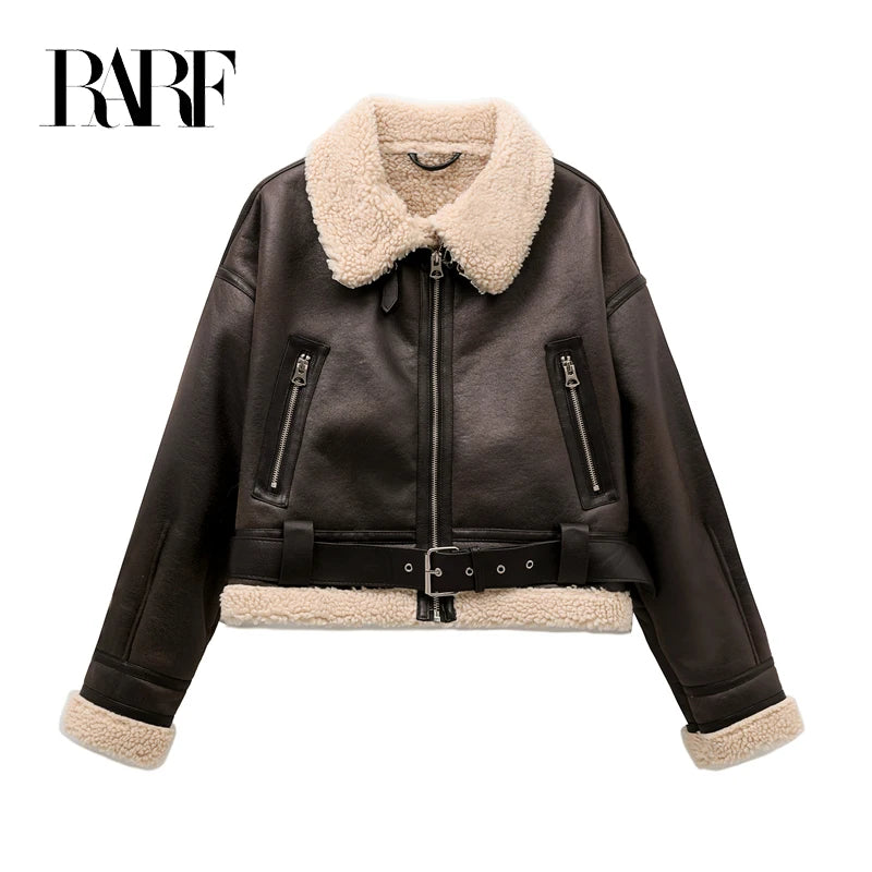 Manteau femme chaud en fausse fourrure shearling, style vintage ceinturé.