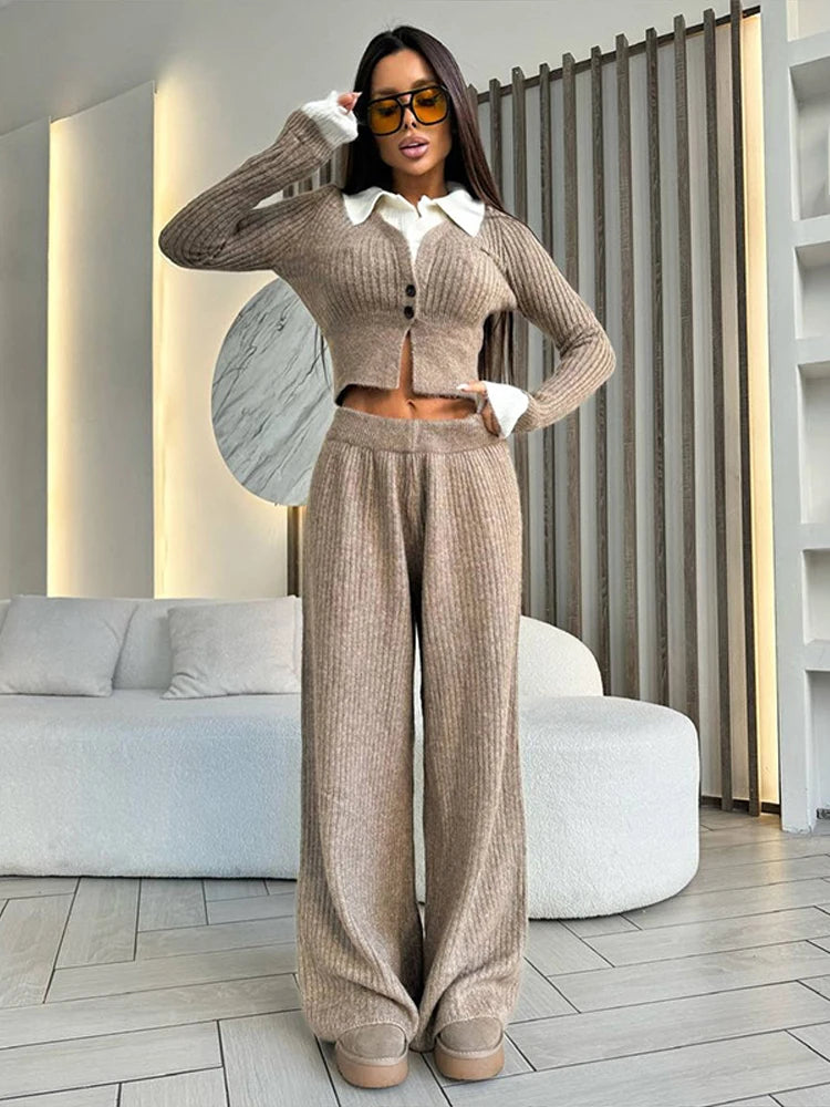 Ensemble Femme 2 Pièces – Haut Tricot Boutonné à Col Revers & Pantalon Loose, Style Décontracté Chic Automne | F-laglam.