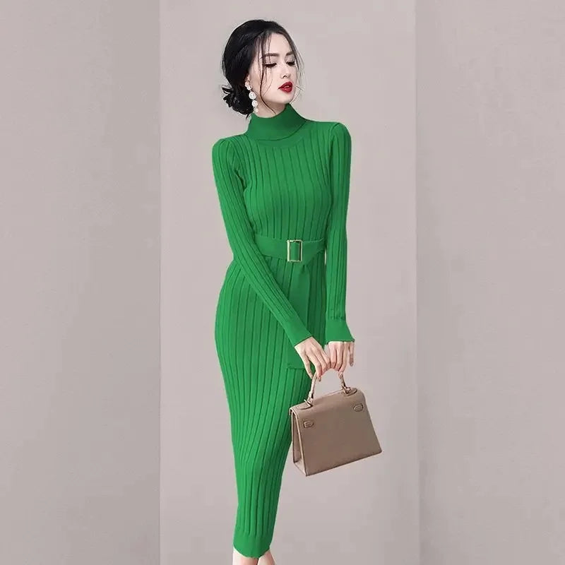Robe Pull Longue Femme – Tricot Élastique Ajusté Style Coréen Élégant Automne Hiver