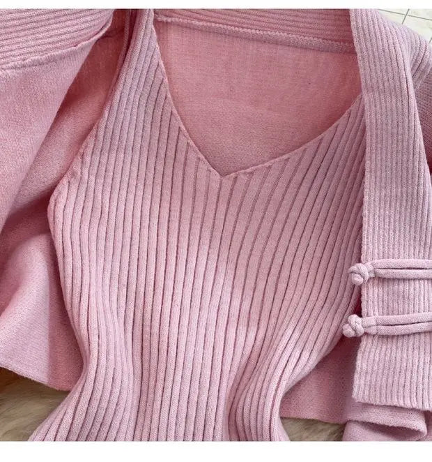 Ensemble Femme 2 Pièces – Cardigan Tricoté à Lacets & Robe Camisole, Style Chinois Moderne Élégant |.