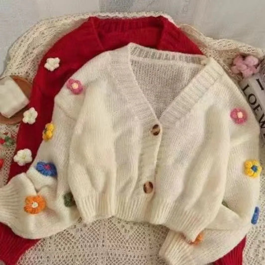 Cardigan Court Femme Brodé Fleurs – Tricot Doux Col V Coloré Automne.